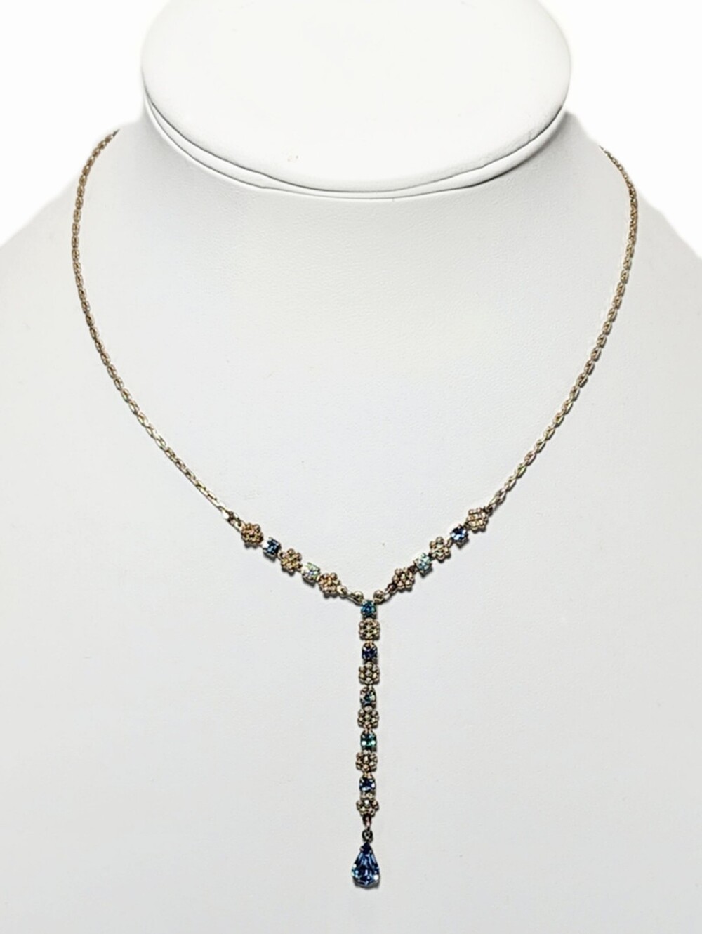 1928 Blues and Iridescent Crystals Silvertone Flower Y Necklace